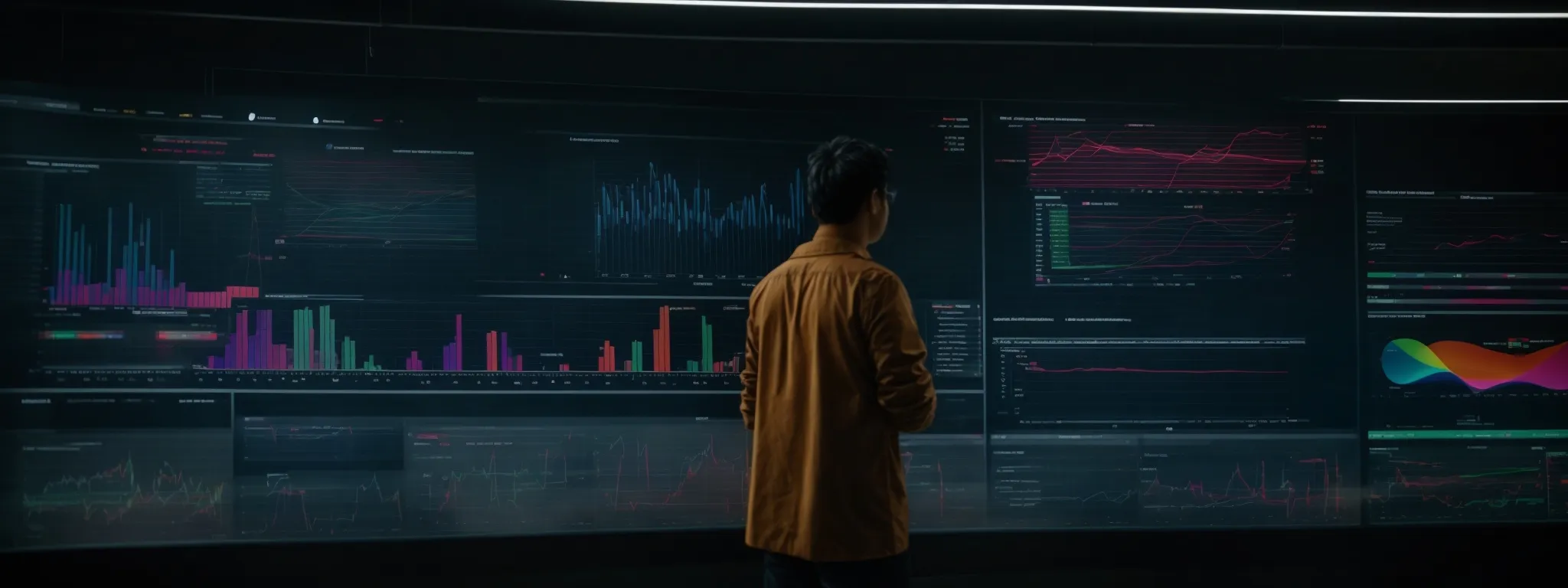 a person stands in front of a large, interactive digital marketing dashboard display, analyzing a colorful mix of charts and graphs.
