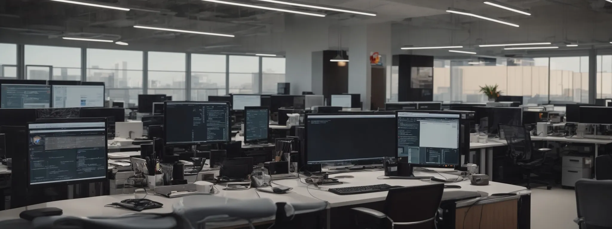 a modern office with multiple computer screens displaying website development tools.