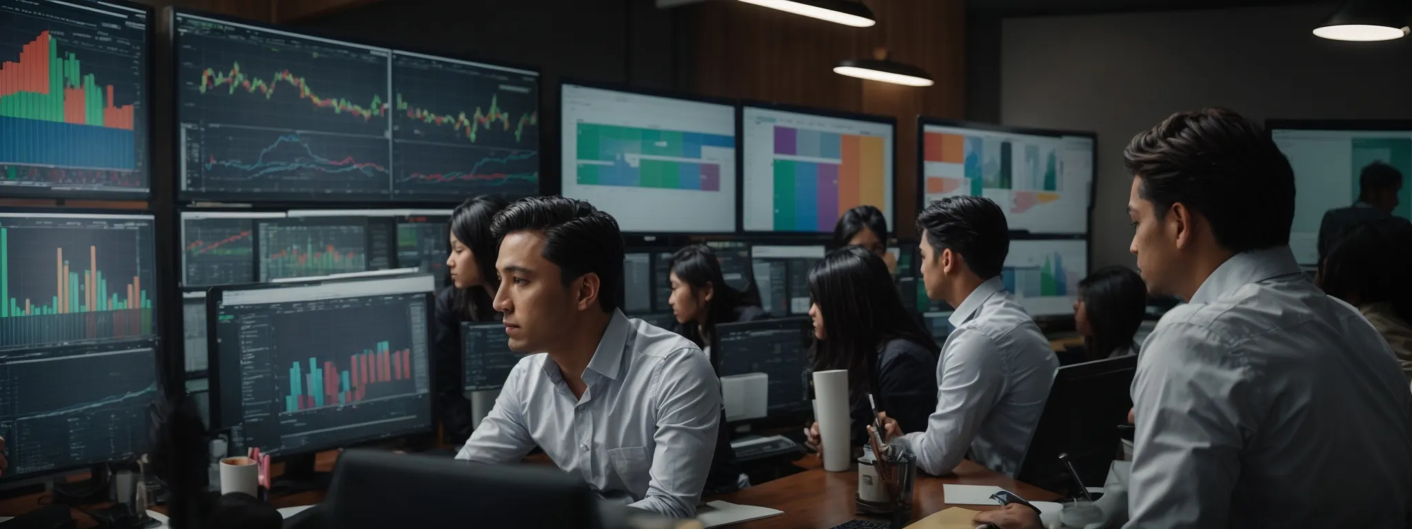 a dynamic office team intensely strategizes around a large monitor displaying colorful marketing analytics charts.