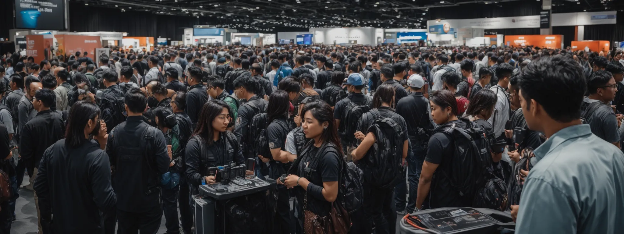 a bustling tech expo with diverse crowds interacting with innovative gadgets and digital displays.