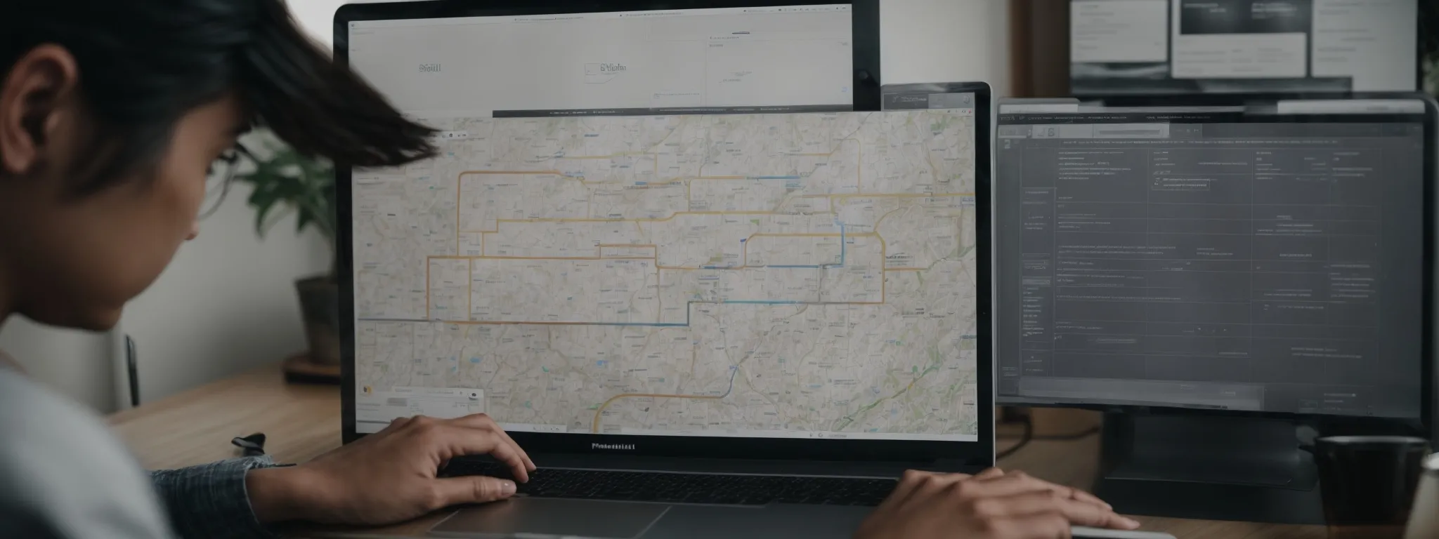 a web designer is reviewing a sitemap and navigation plan on a computer screen, with a visible flowchart representing the website's hierarchy.