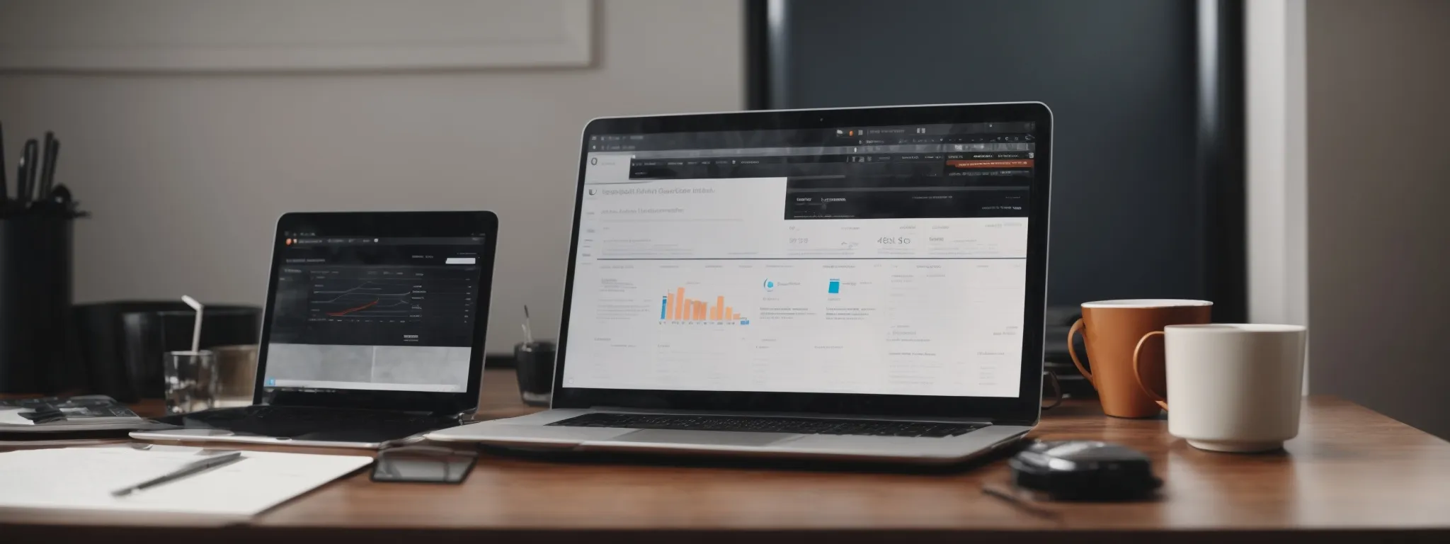 a laptop with analytics on the screen placed on a desk, surrounded by marketing strategy papers and a cup of coffee.