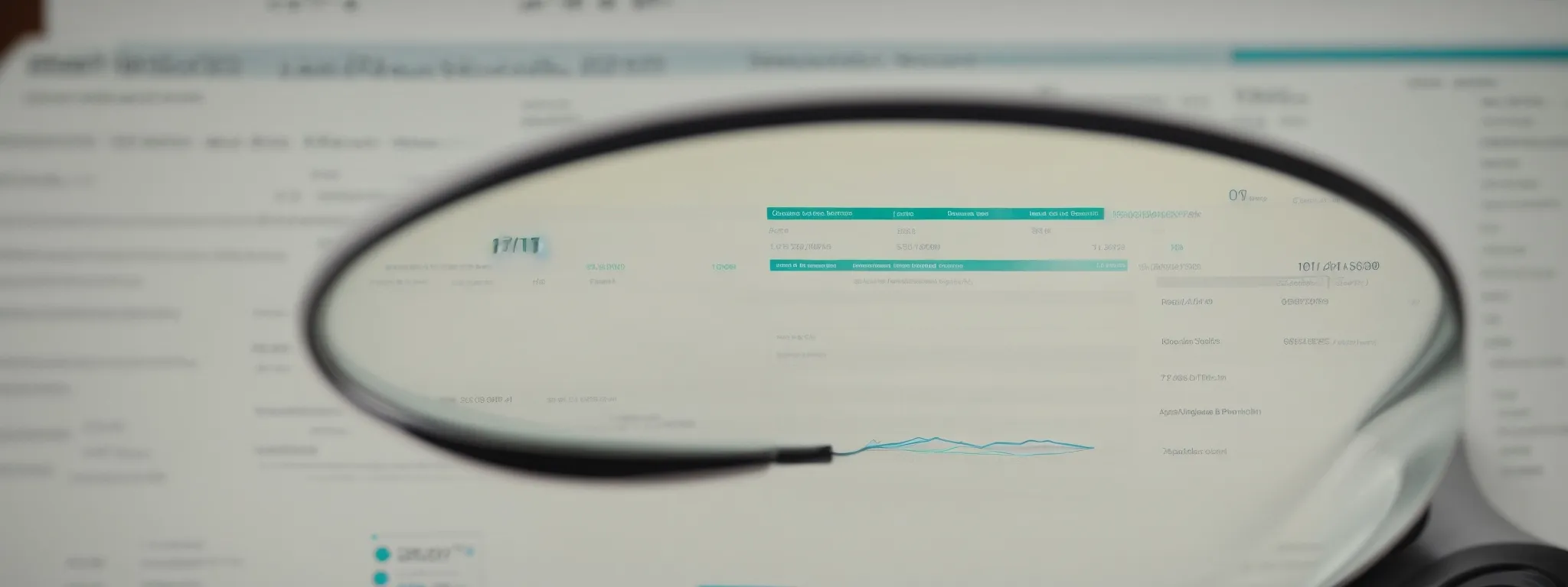 a magnifying glass hovering over a computer screen displaying graphs of web traffic analytics.