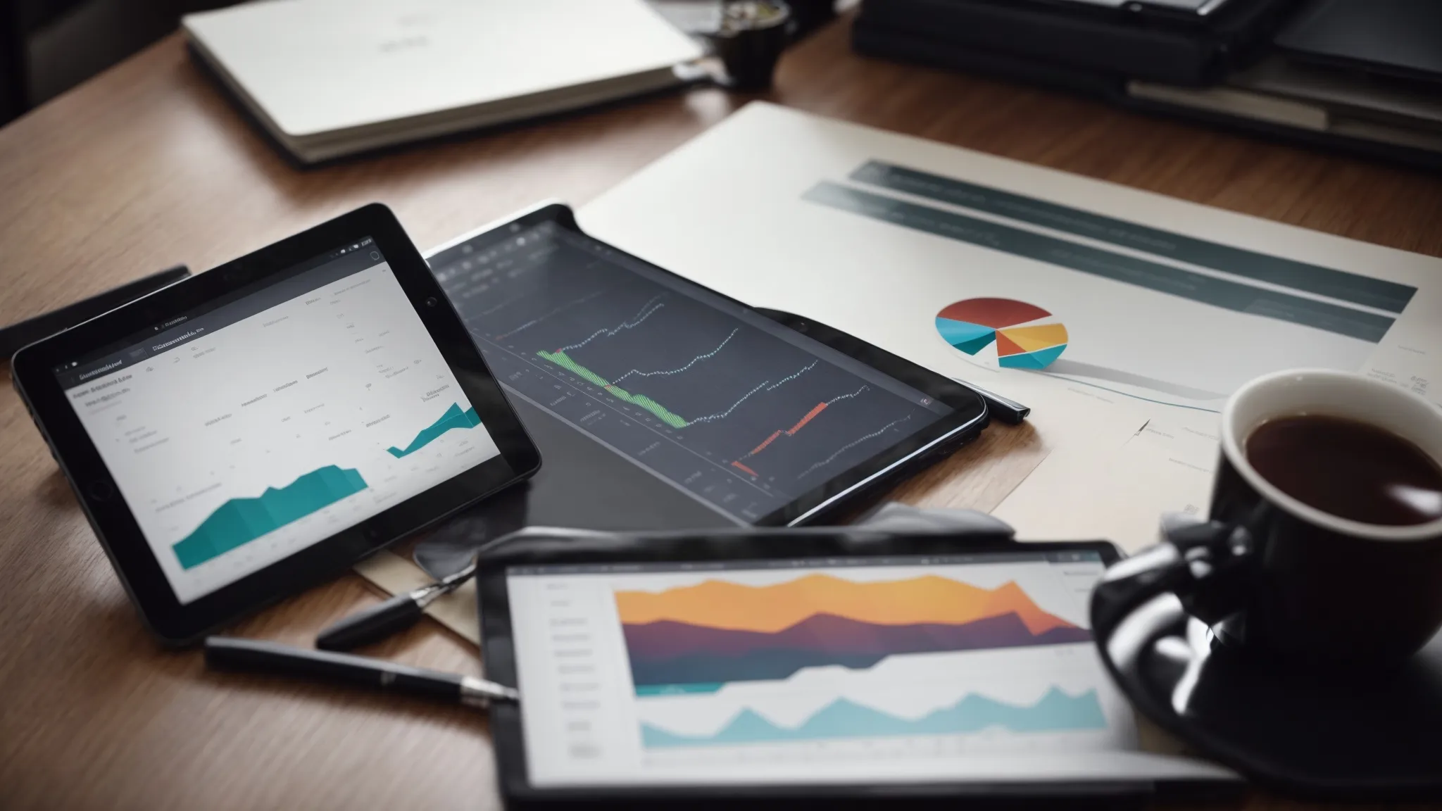 a notebook beside a digital tablet displaying analytics graphs on a work desk, symbolizing a blend of traditional journalism and modern seo.