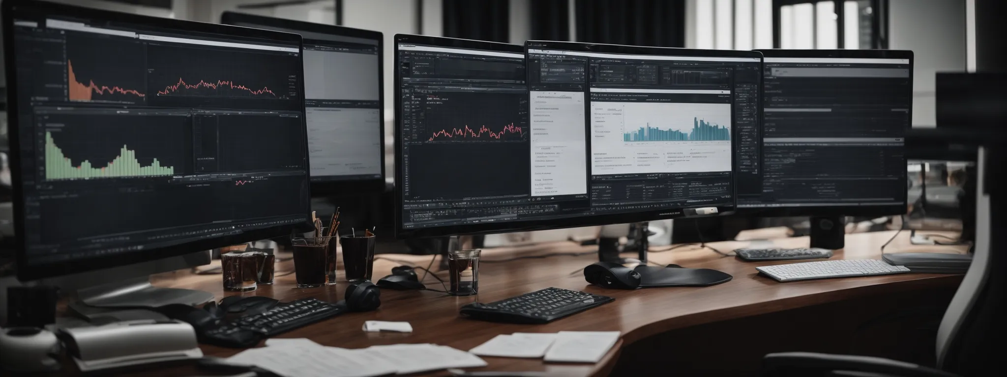 a professional at a sleek workspace, overlooking a computer screen displaying an email marketing dashboard with open-rate charts and segmented mailing lists.