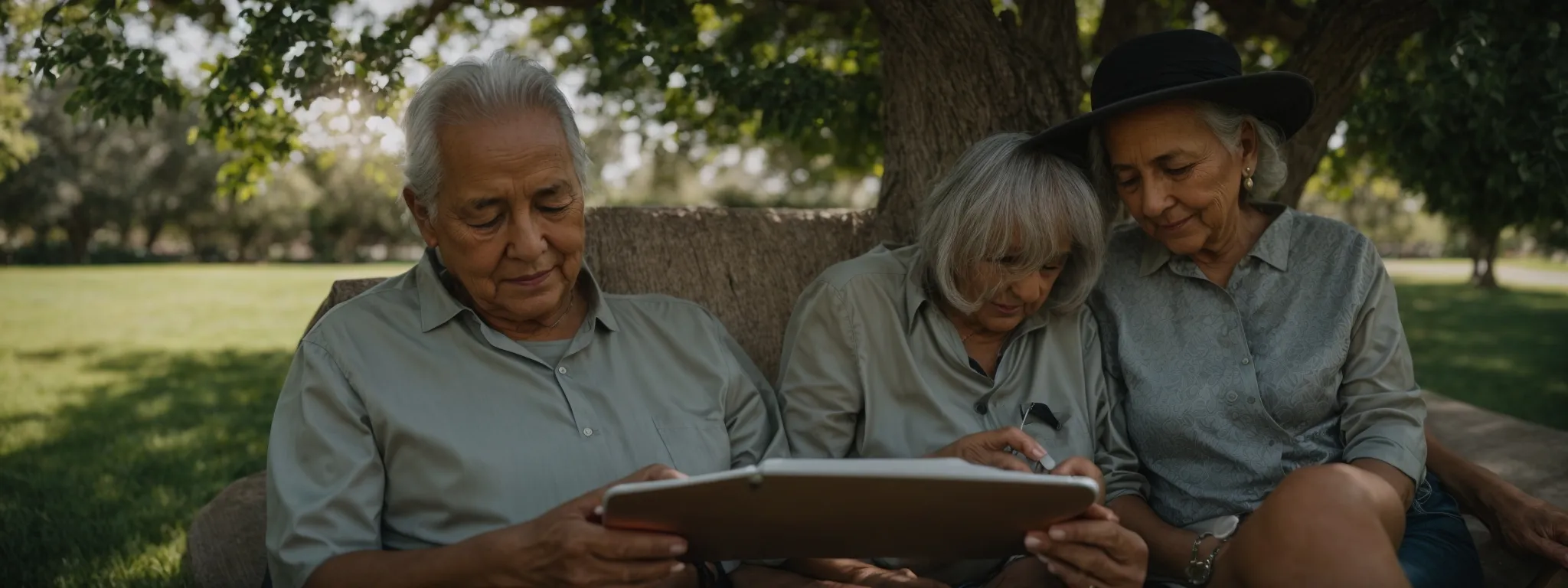 a senior couple is casually seated on a park bench, intently reading content on a tablet together under the shade of a tree.