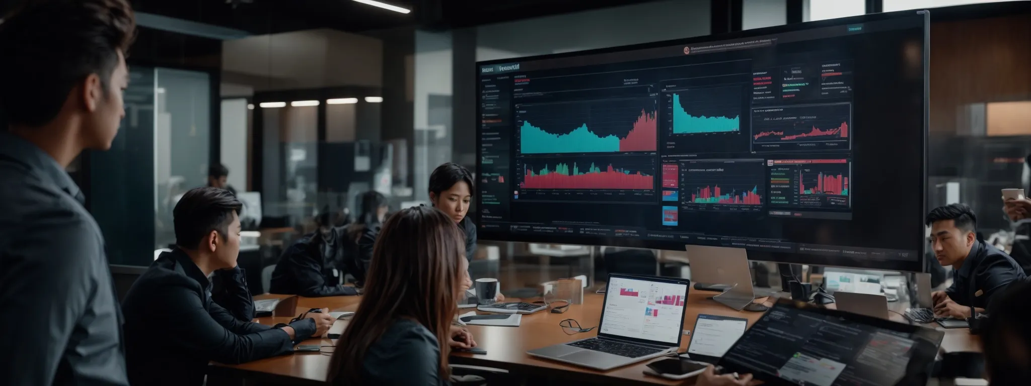a team of marketing professionals reviews a vibrant dashboard displaying social media analytics.