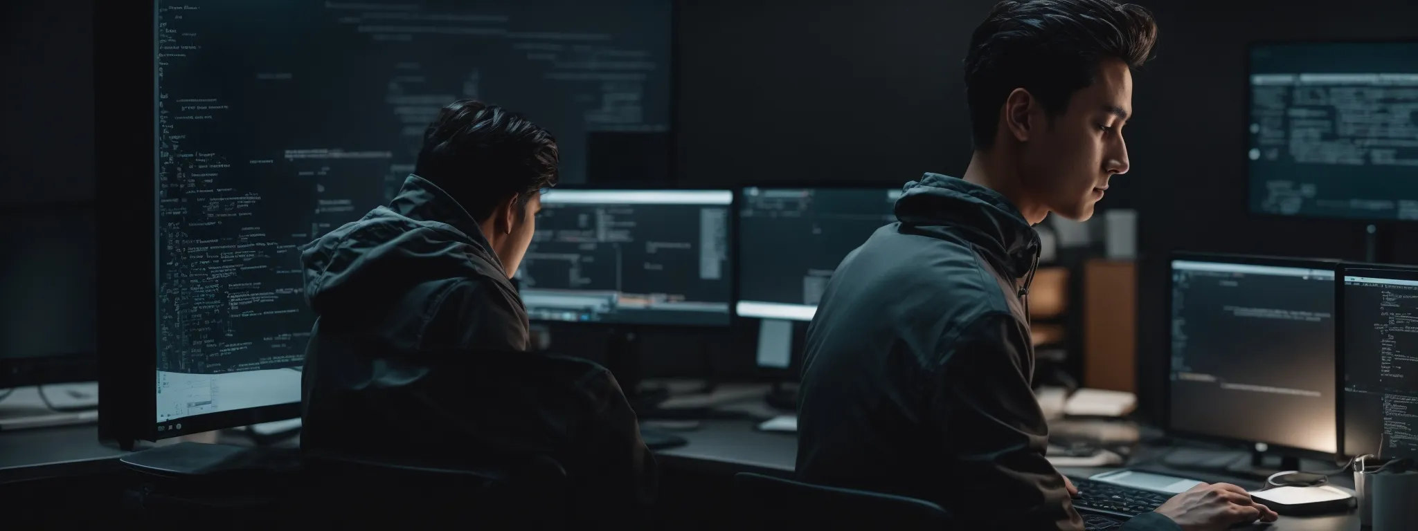 a web developer intently coding on a laptop in a modern office, with symbols representing structured data integration floating around the screen.