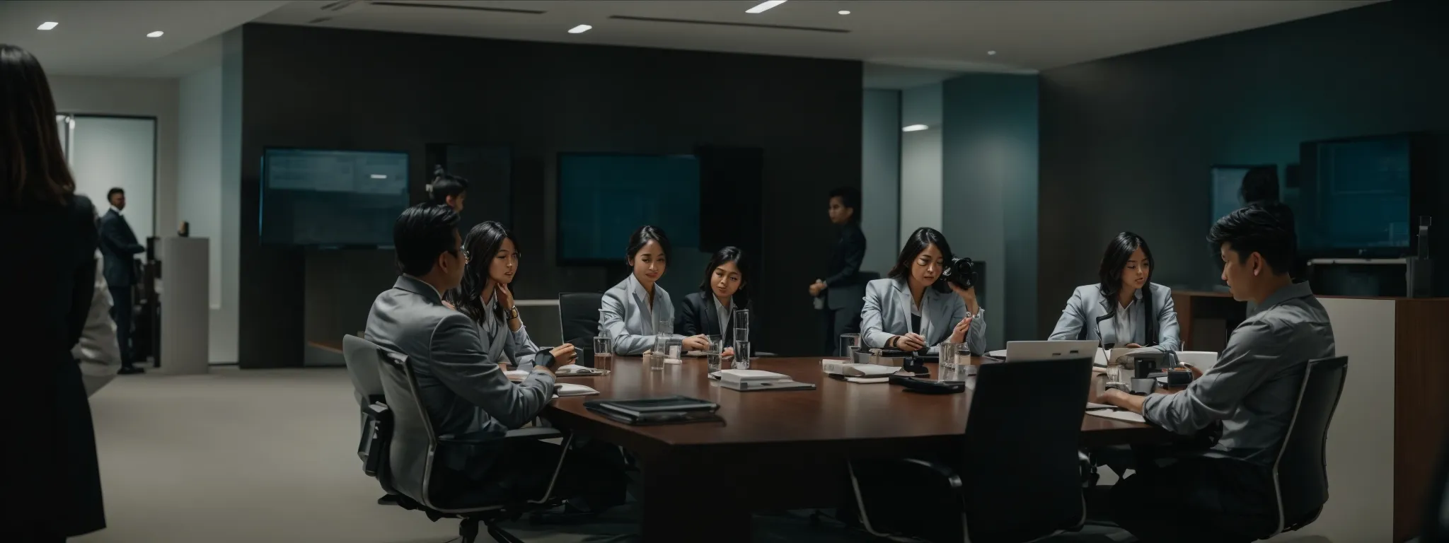 a group of professionals gathered around a conference table, intently discussing a document on a laptop screen.