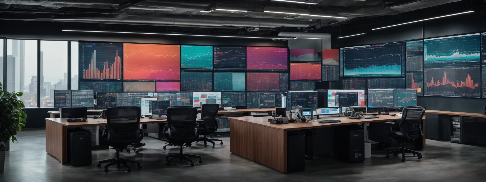 Modern trading office with multiple large monitors displaying financial charts, graphs, and data, featuring empty swivel chairs and city buildings visible through the windows.