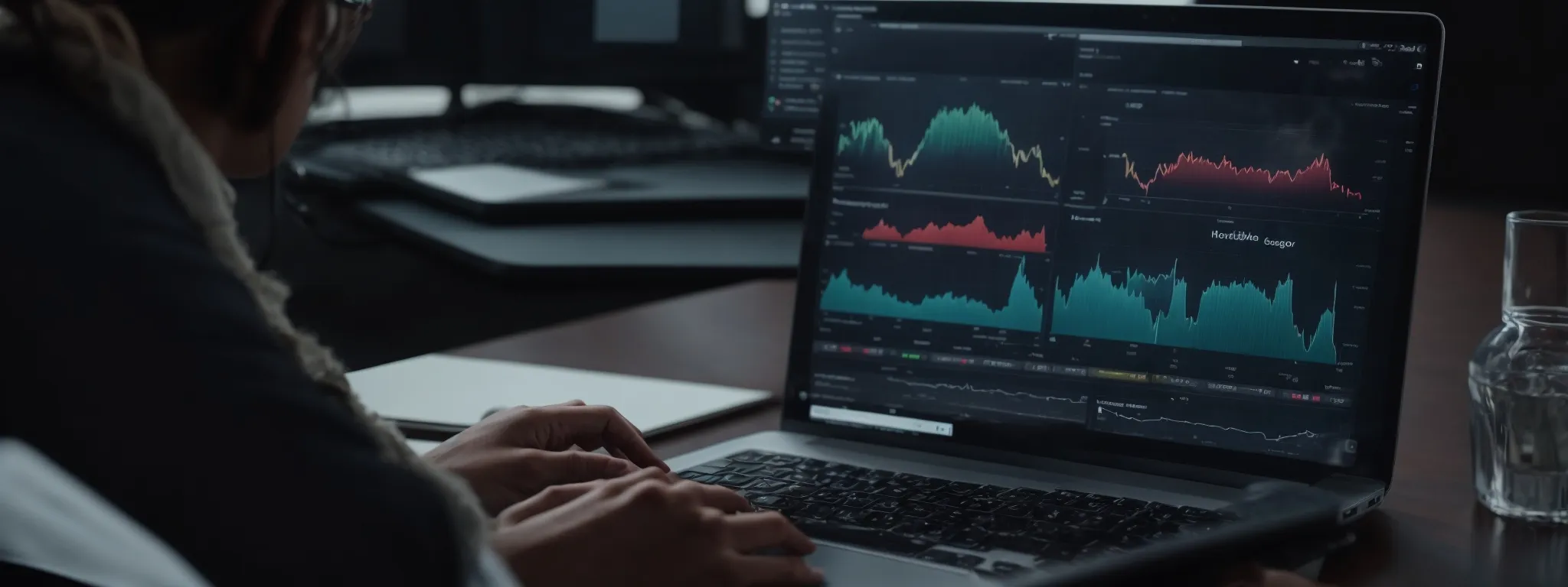 a person operates a laptop displaying charts and data analytics, symbolizing seo optimization and keyword analysis.