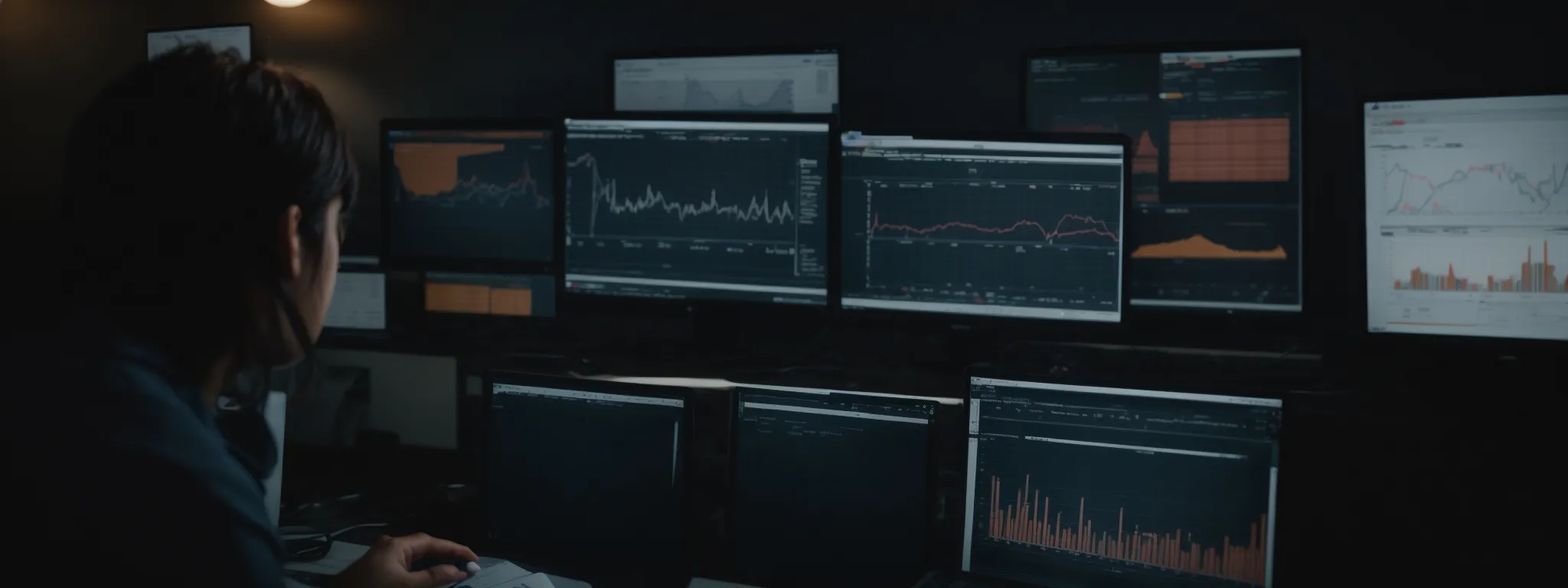 an individual analyzing complex graphs and charts on a computer screen showing website performance metrics.