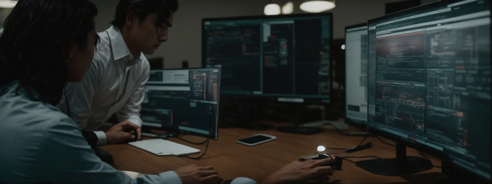 a businessperson and seo specialist examine a website interface on a computer screen together.