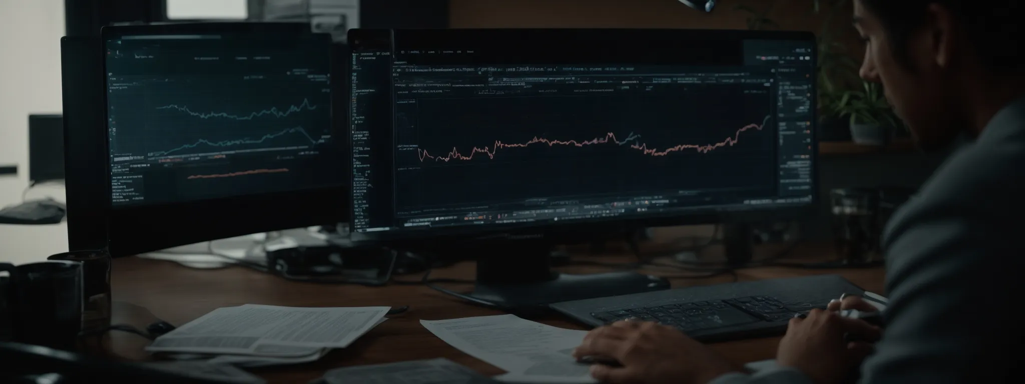 a person sitting at a desk with a computer showcasing a graph of increasing web traffic.