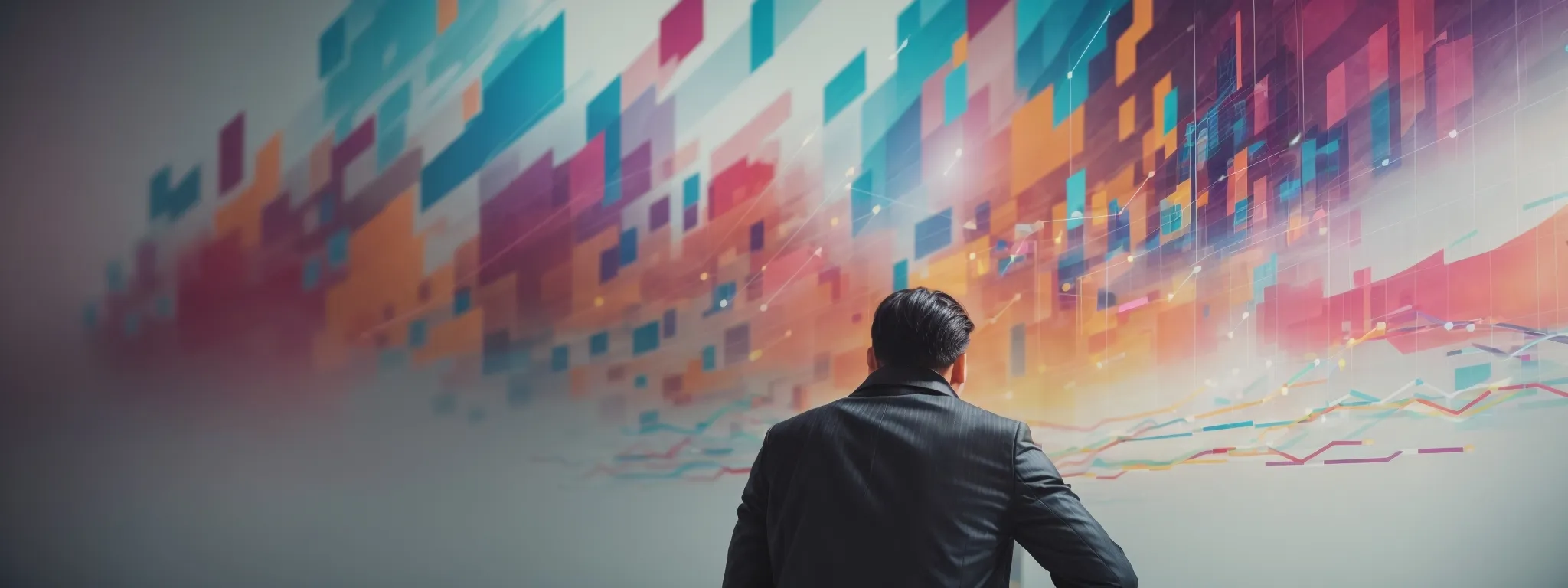 a marketer examines a colorful infographic displaying rising and falling arrows indicative of ctr trends.
