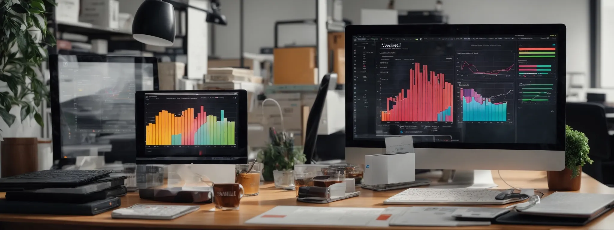 a lively office setup with an open laptop displaying colorful graphs showing marketing analytics.