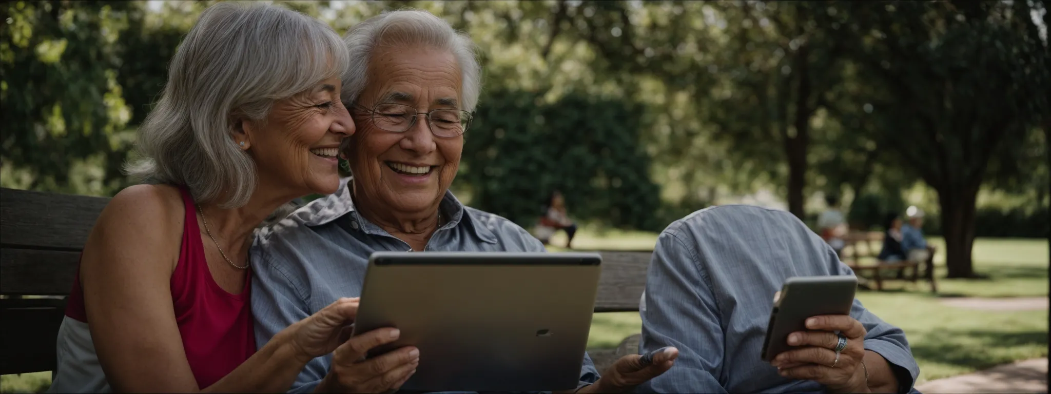 a senior couple smiling while sharing a tablet on a park bench.