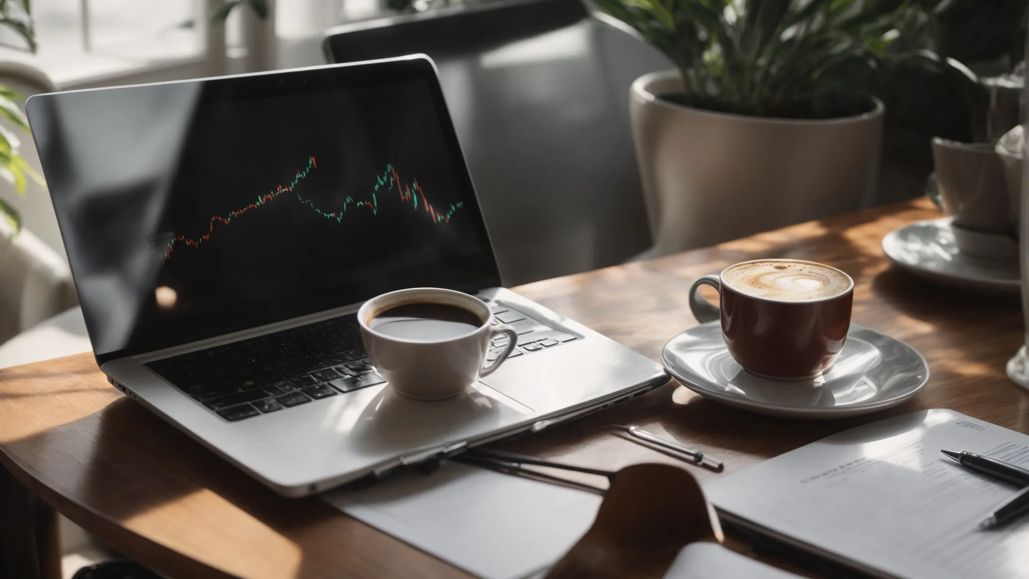 a laptop on a desk displaying a graph of increasing website traffic amidst marketing strategy notes and a cup of coffee.