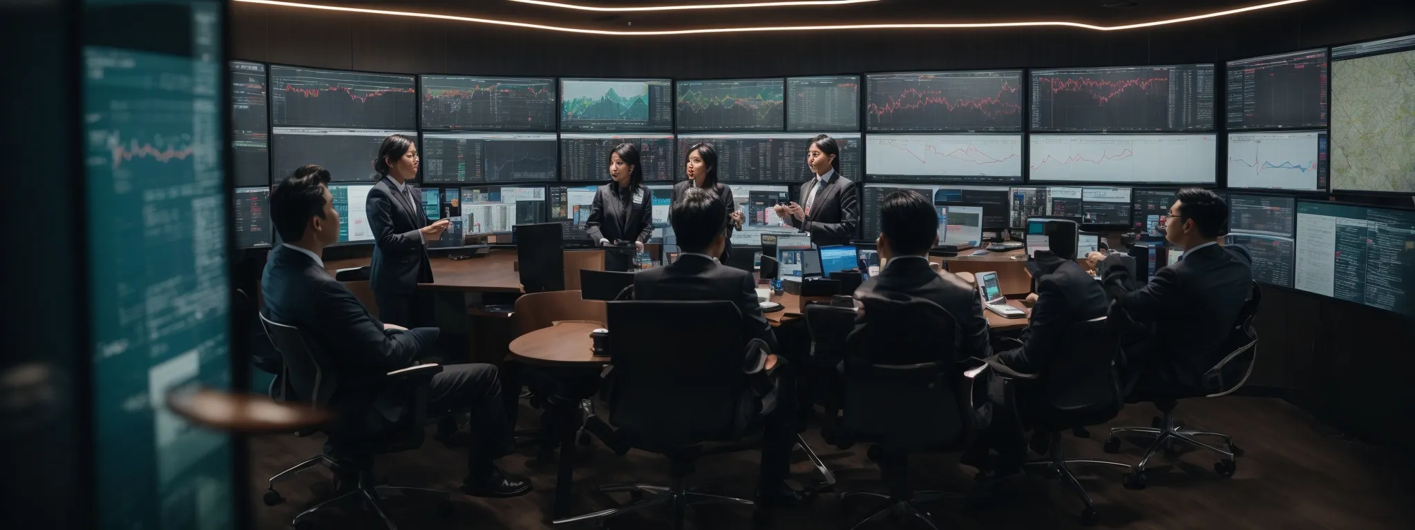 a team of marketers engages in a strategy session amidst multiple digital screens displaying data analytics and performance metrics.