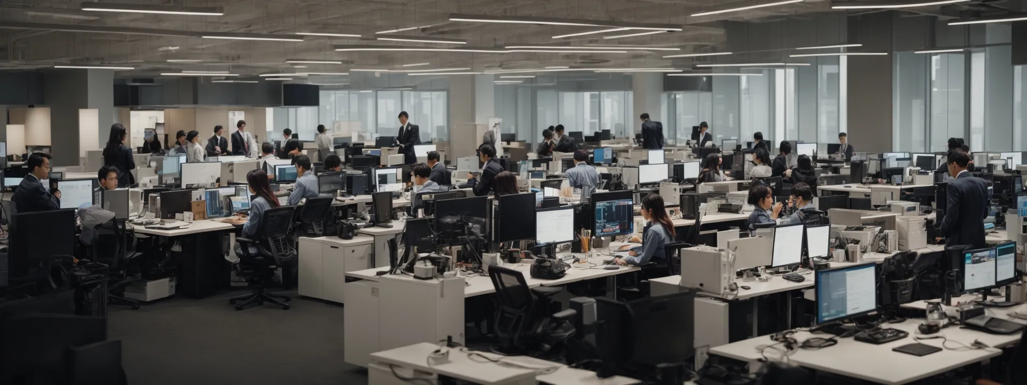 a bustling open office space filled with marketing professionals intently focused on computer screens planning a digital campaign.