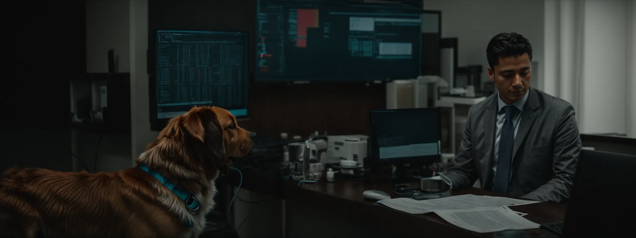 a veterinarian examines a dog in a clinic while a computer screen in the background displays an analytics dashboard.