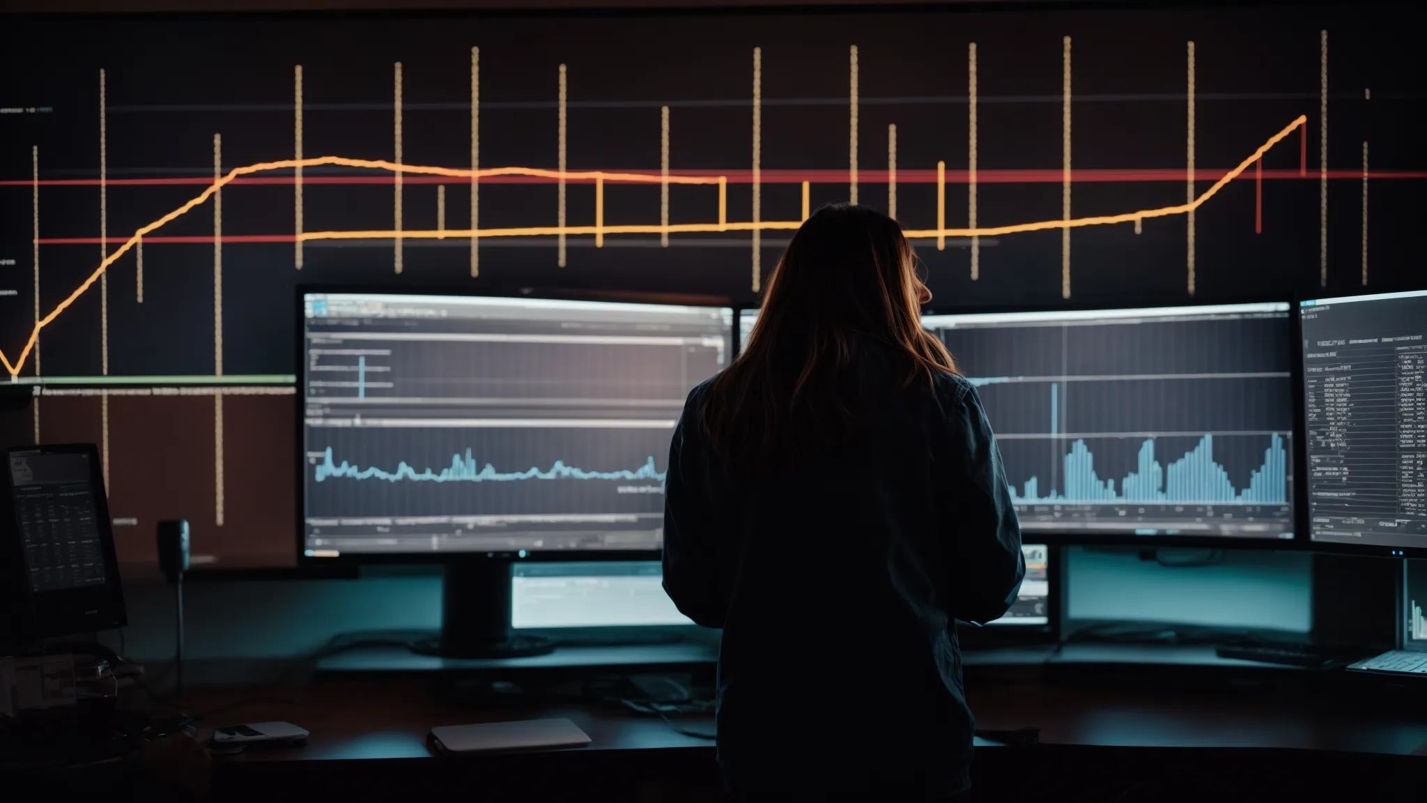 a local business owner looks at a glowing computer screen showing rising graphs indicative of increased website traffic.