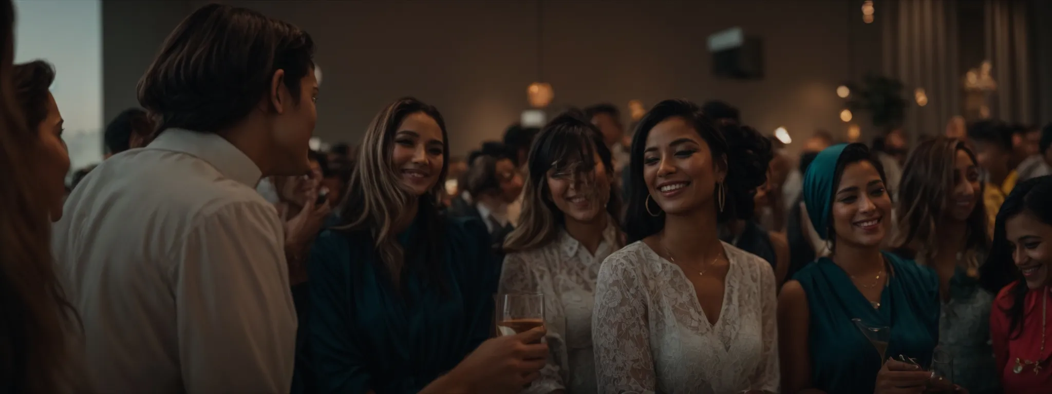 a group of satisfied customers sharing a positive moment at a product launch event.
