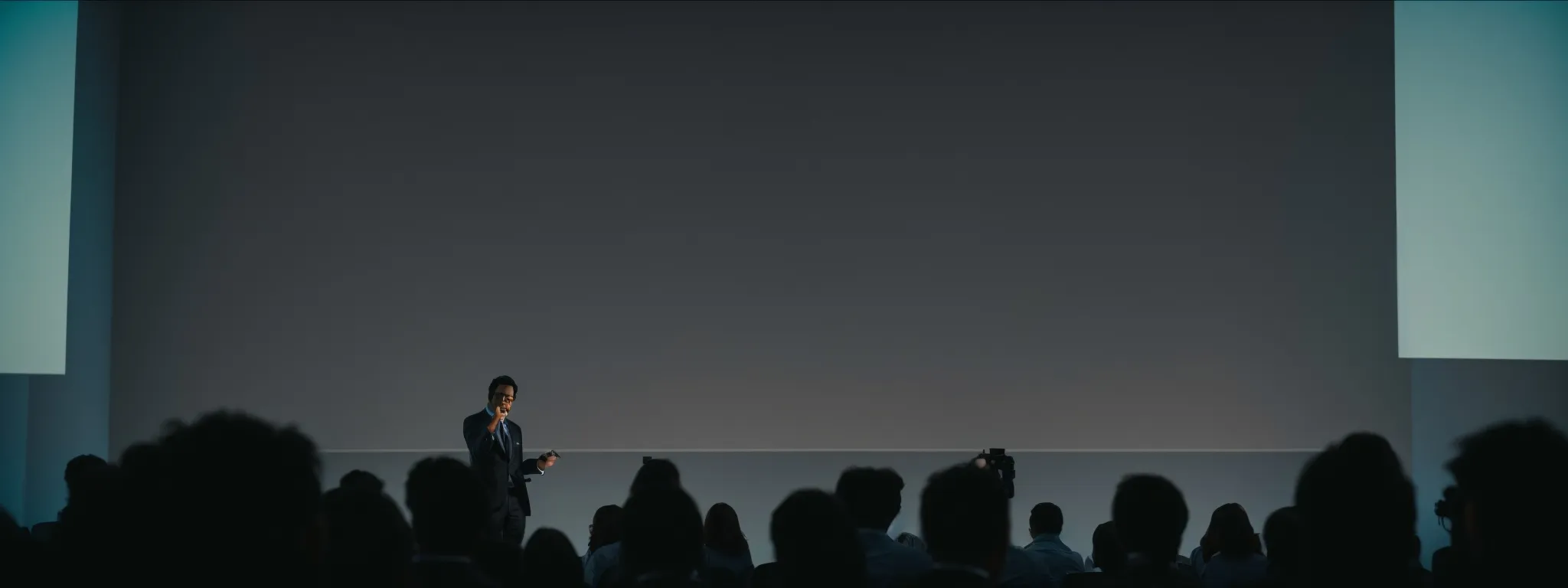 a presenter pointing at a large, clear projector screen with an audience in silhouette.