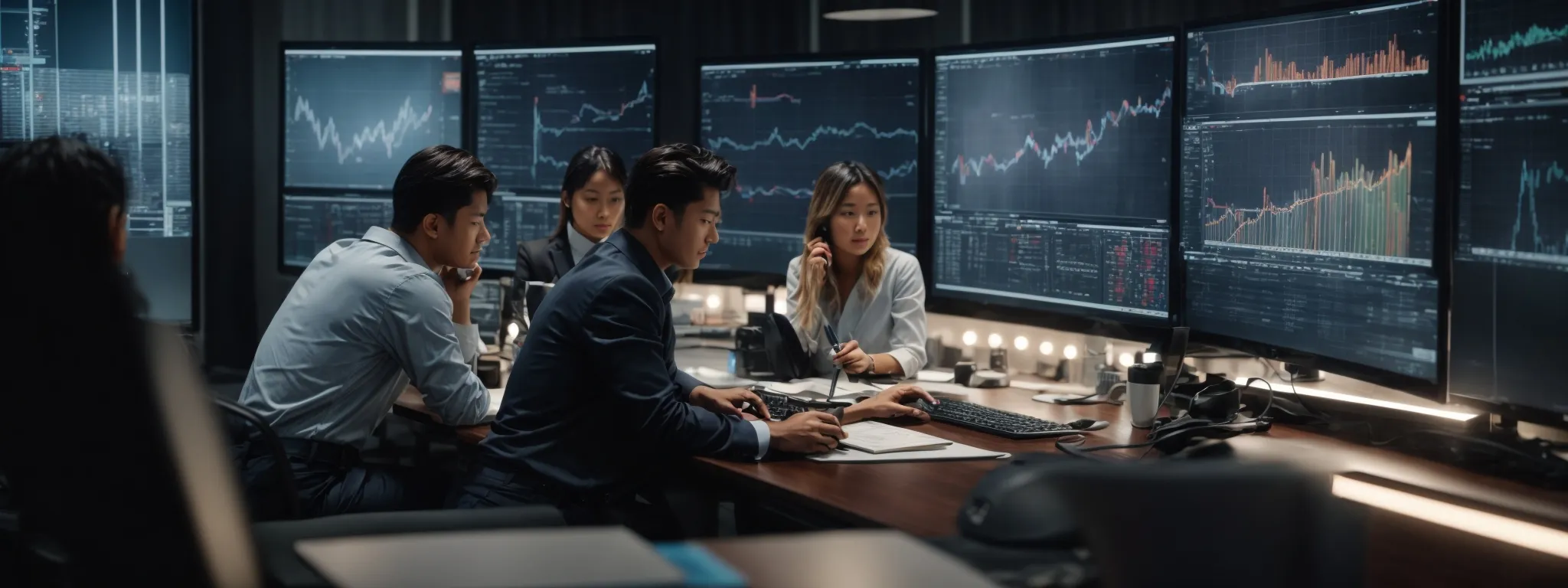 a marketing team analyzes graphs on a large monitor reflecting the surge in website traffic and search engine rankings due to seo strategies.