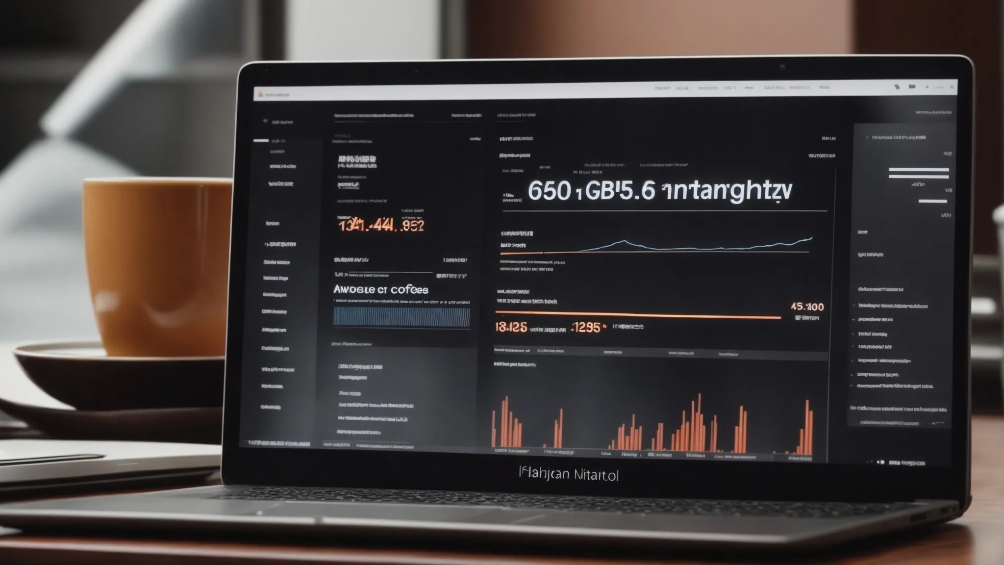 a laptop with seo analytics on the screen surrounded by marketing strategy reports and a cup of coffee.