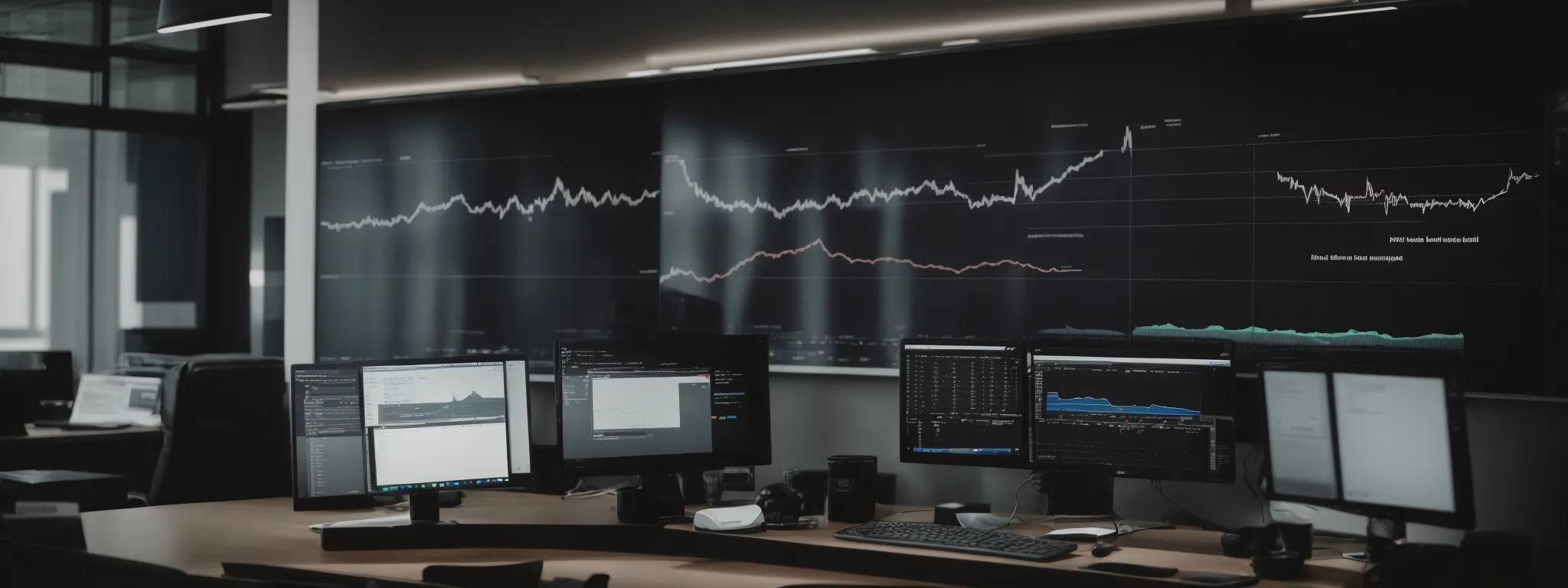 a modern office setting with a desktop computer displaying graphs showing positive seo metrics.