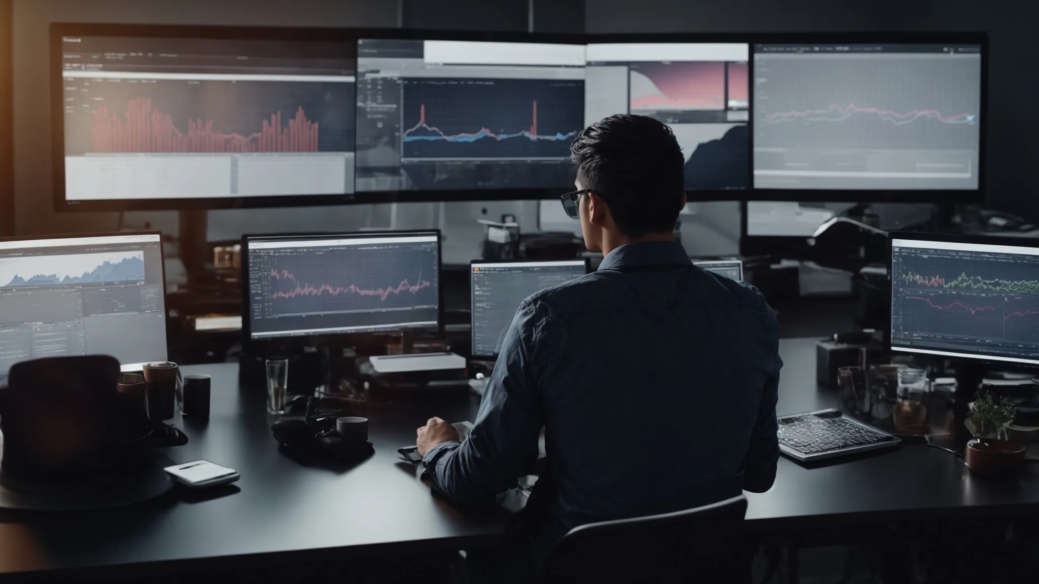 a person sitting at a desk with multiple digital devices displaying graphs and marketing analytics.