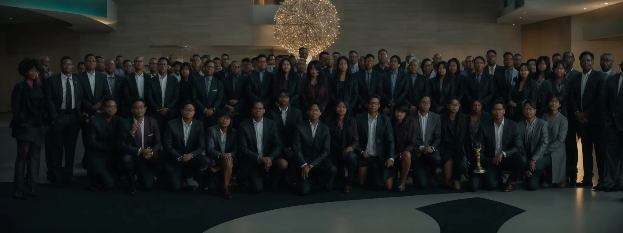 a group of professionals gathers around a large, gleaming trophy, symbolizing recognition of excellence in the data analytics field.