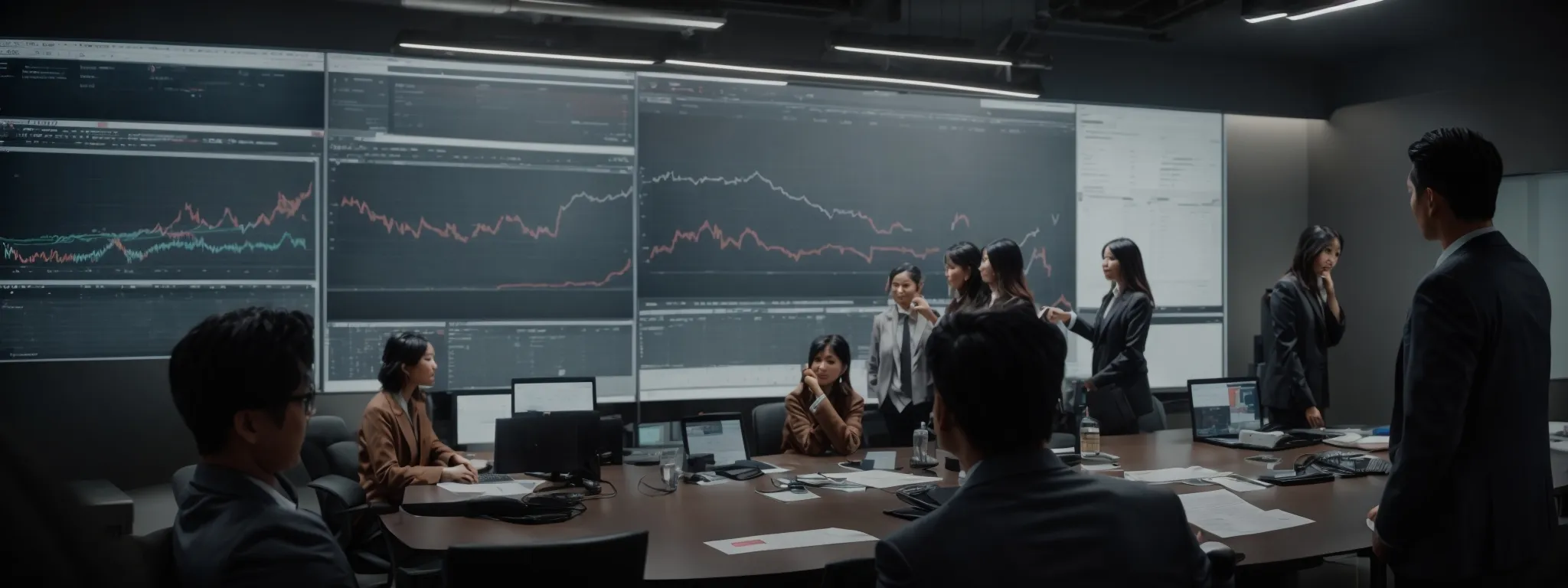a marketing team gathered around a large screen, analyzing graphs and charts that highlight user engagement metrics.