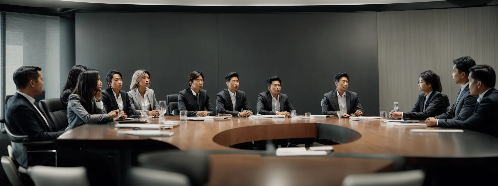 a round table discussion among professionals in a sleek conference room, emphasizing authority and collaboration.