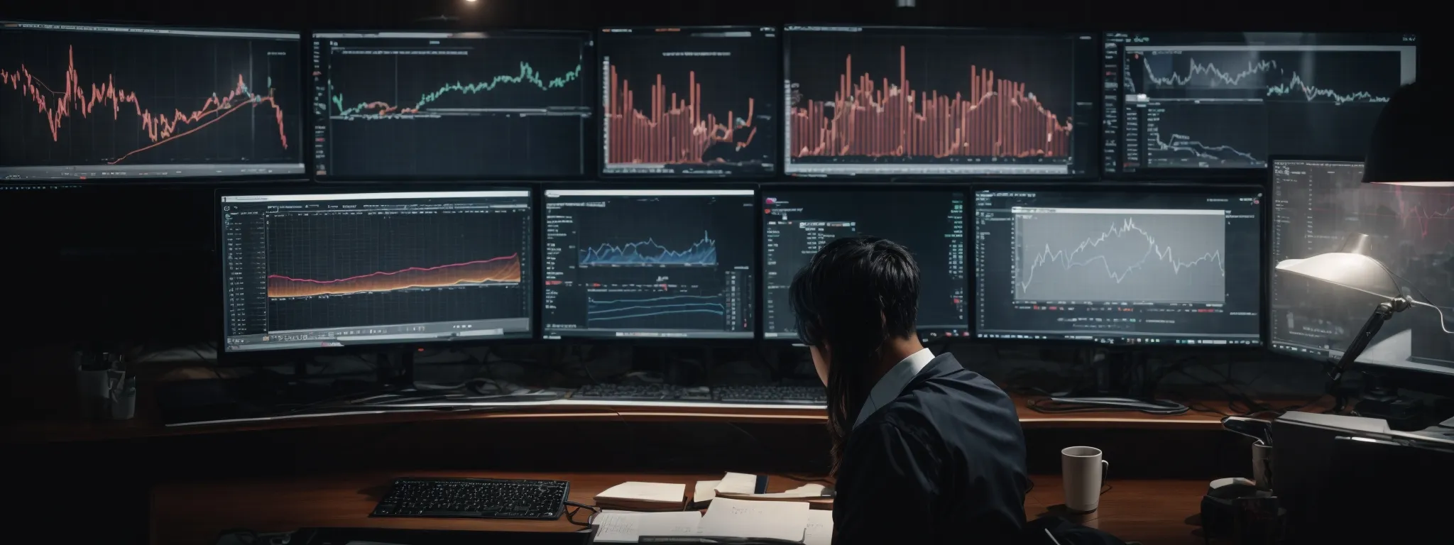 a person sitting at a desk with multiple computer screens displaying graphs and social media analytics.