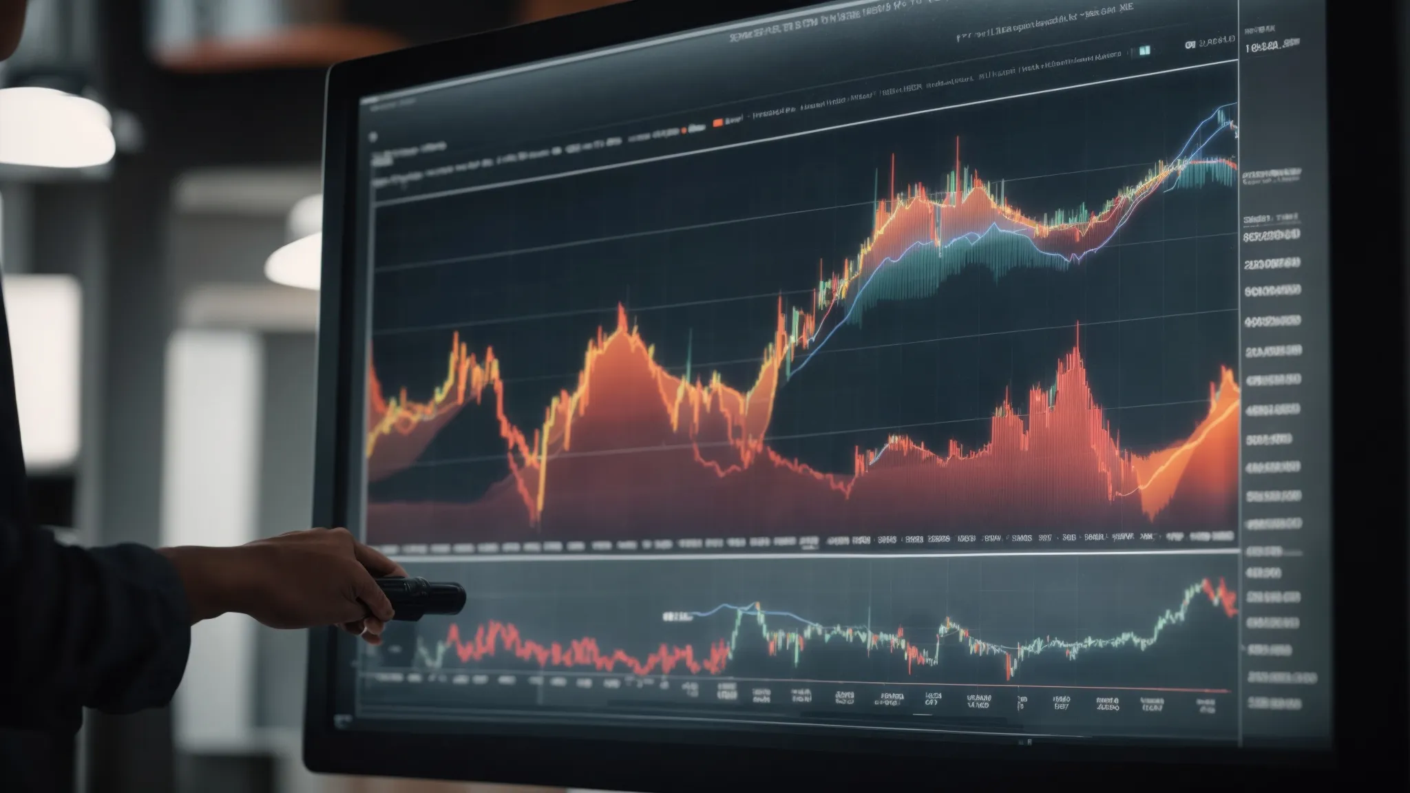 a person examining a large graph and charts reflecting website traffic trends on a monitor.