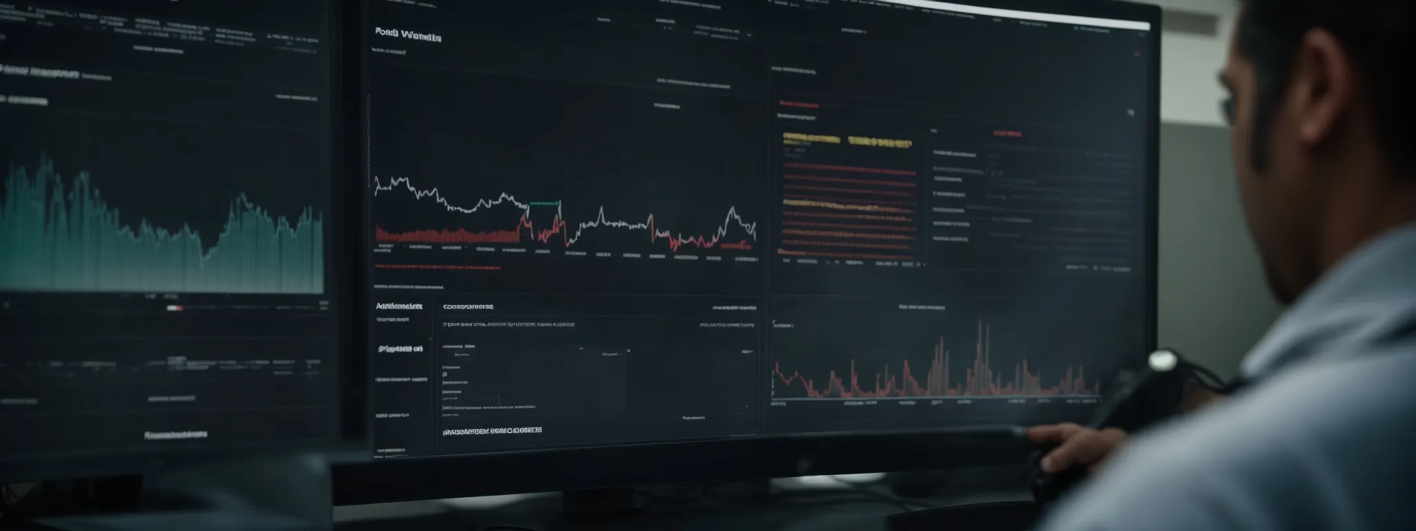 a focused individual scrutinizes a complex analytics dashboard on a computer screen, reflecting a thorough website audit in progress.