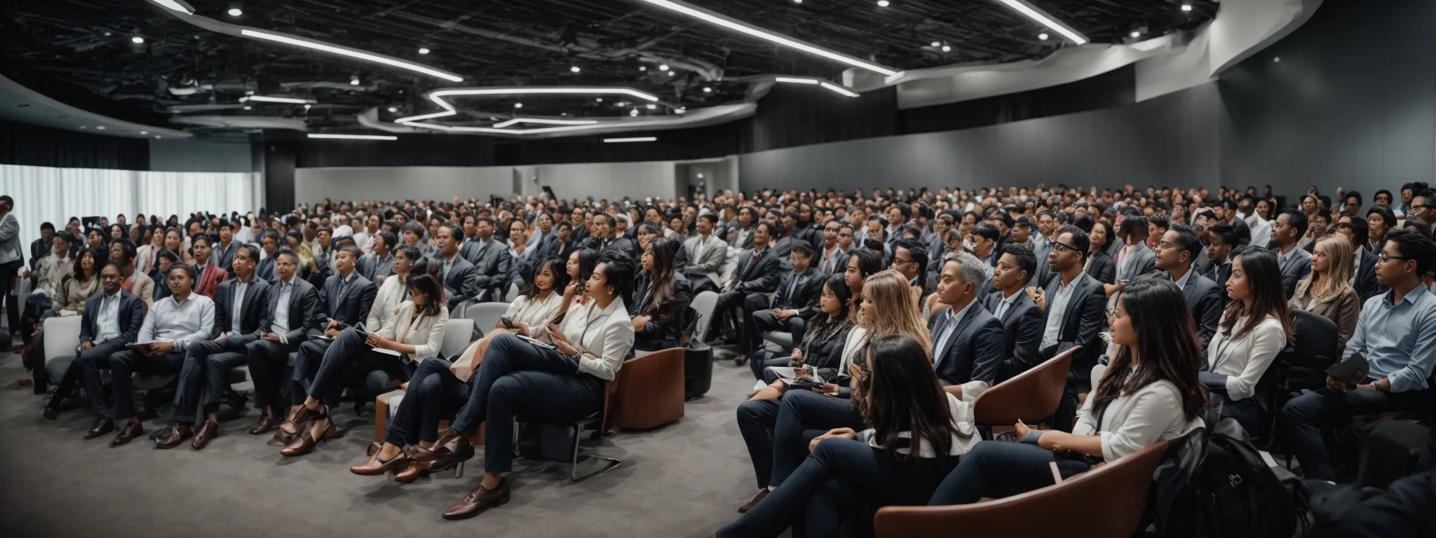 a diverse group of marketing professionals gather attentively in a modern conference hall, engaged in a presentation about email marketing strategies.