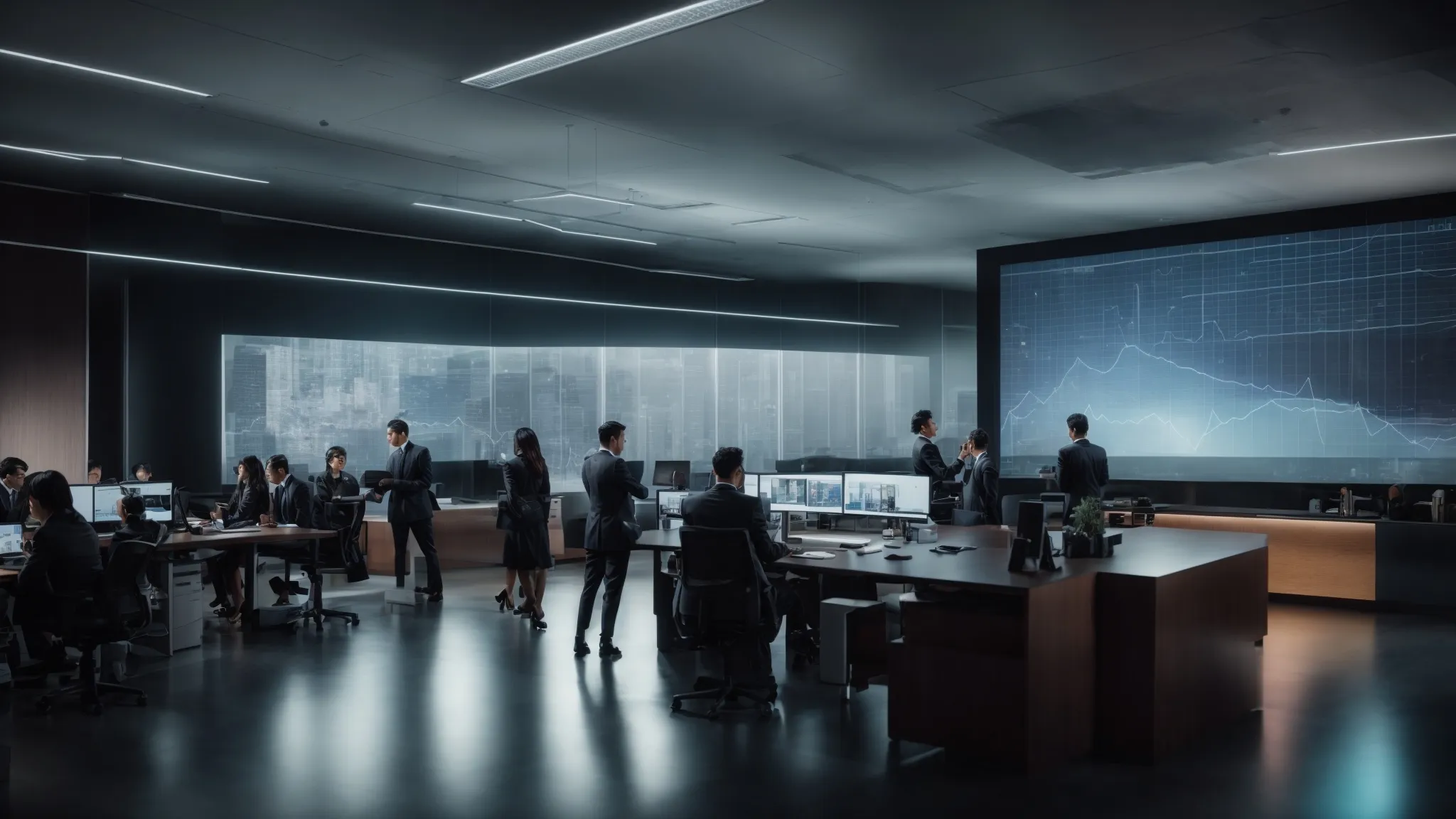 a modern office setting with marketers gathered around a holographic display showing graphs and social media icons.