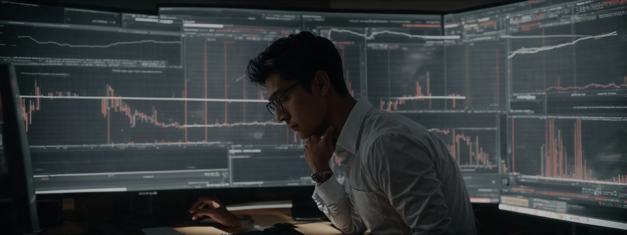 a designer intently studies graphs and charts on a computer screen reflecting website analytics.