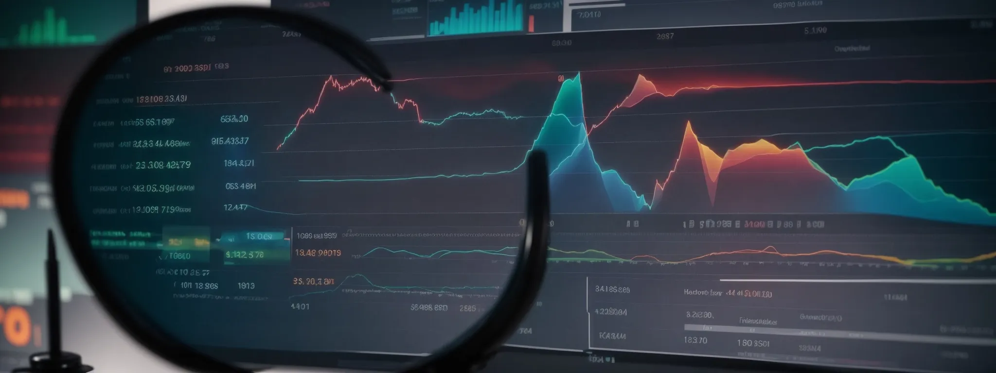 a computer screen showing colorful analytics graphs and charts with an overlay of magnifying glass on image search results.
