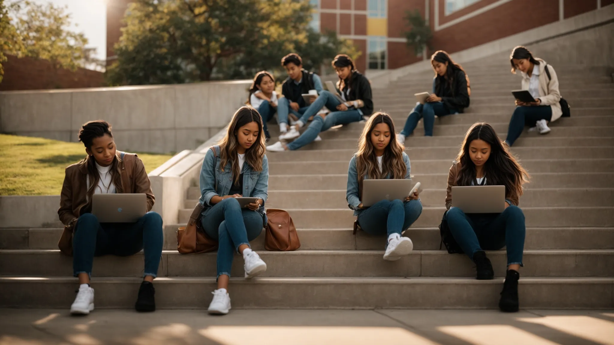 a university campus with students using laptops on sunlit steps, symbolizing digital engagement and visibility.