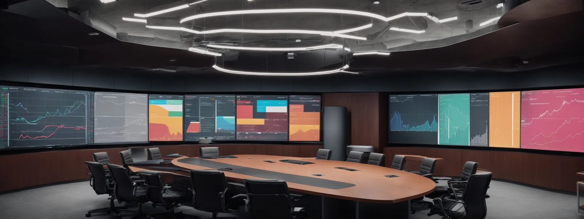 A modern conference room with a large oval table, surrounded by chairs, and multiple wall-mounted screens displaying various graphs and data charts.