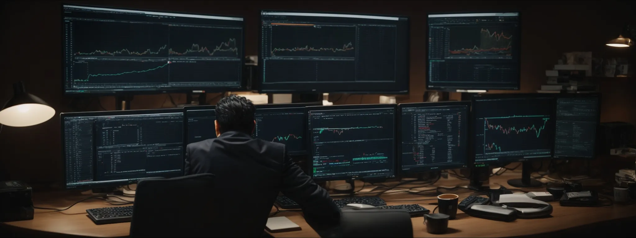 a person sitting at a desk with multiple computer monitors displaying website analytics and seo tools.
