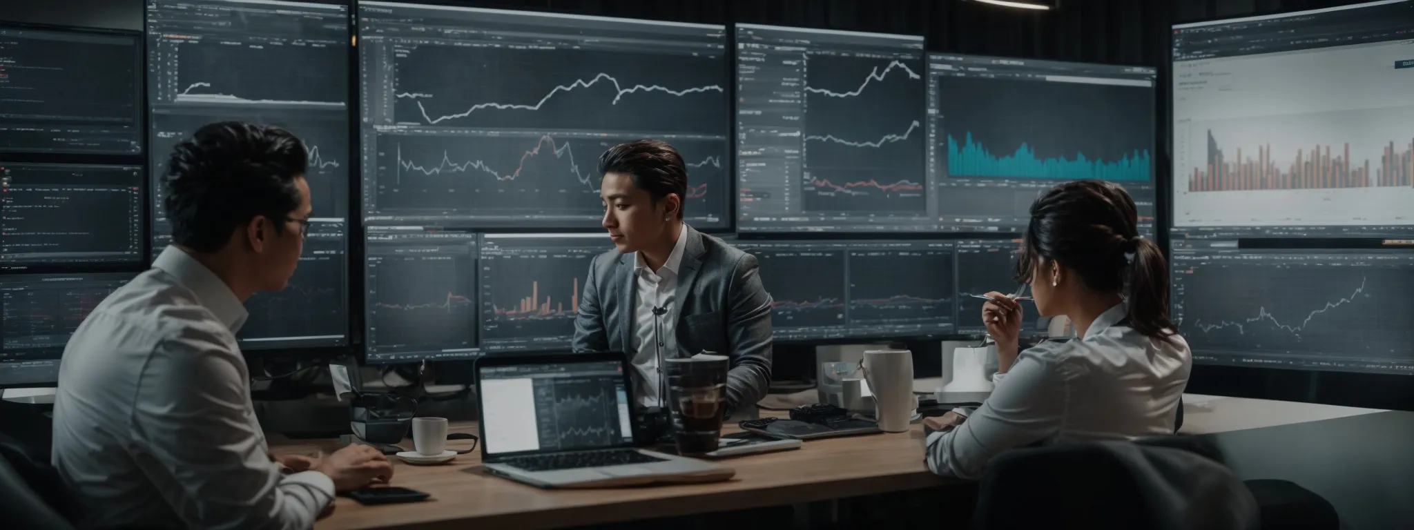 a digital marketing team intensely analyzes graphs and charts on a computer dashboard to track the performance of seo strategies.