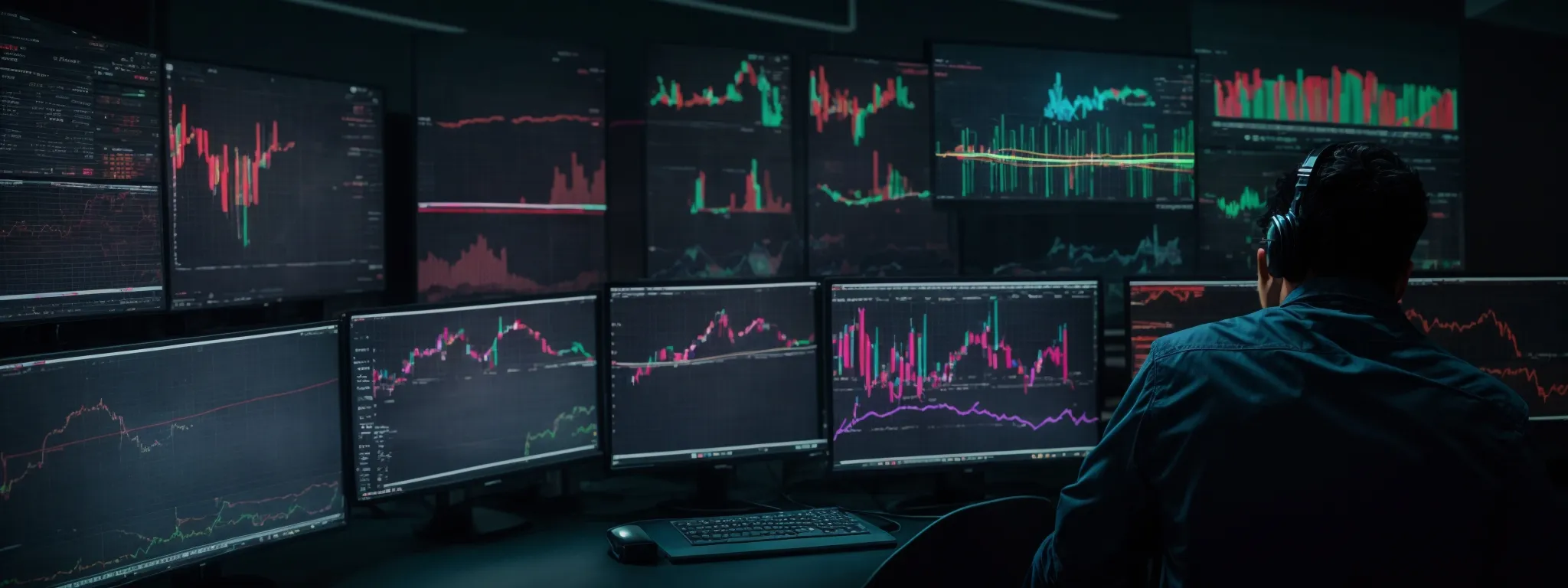 a computer screen displaying colorful analytics graphs with a person in the background studying an seo e-learning interface.