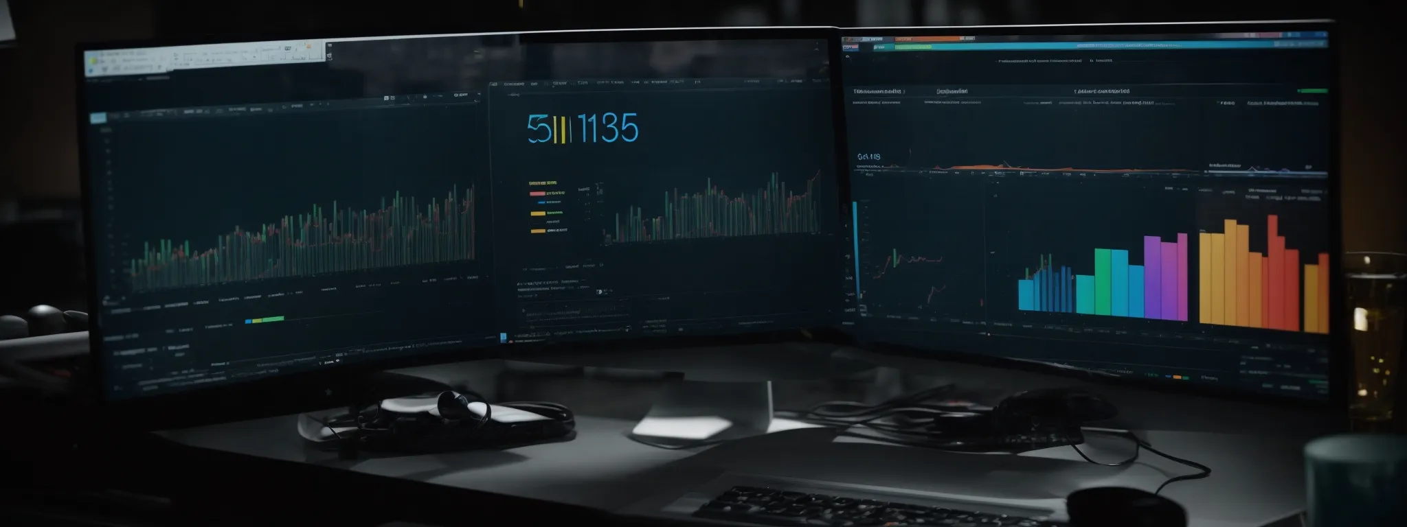 a computer screen displaying colorful analytics charts and a dashboard with a magnifying glass hovering over it.