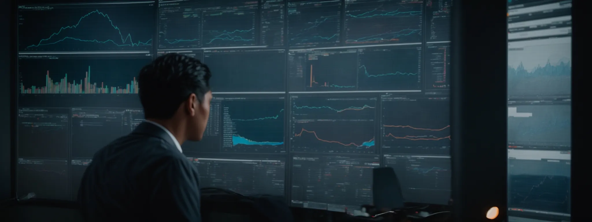 a person intently scrutinizes expansive dashboards with complex data visualizations reflecting marketing metrics and trends.