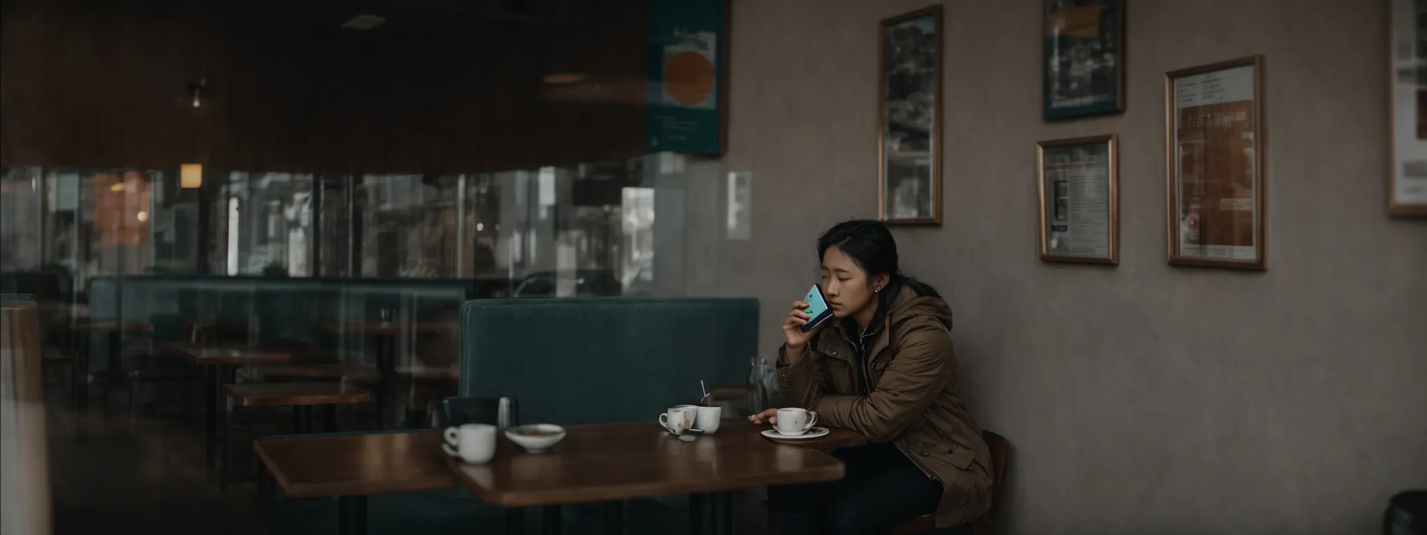 a person sits in a cafe, intently browsing on a smartphone as they sip coffee.